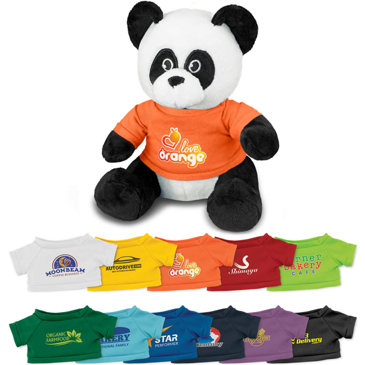 A panda plush toy with a white and black fur, wearing an orange shirt. It has various colourful shirts displayed below.