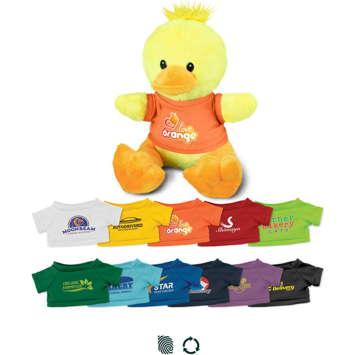 A yellow duck plush toy wearing a variety of coloured t-shirts, with a logo on each shirt.