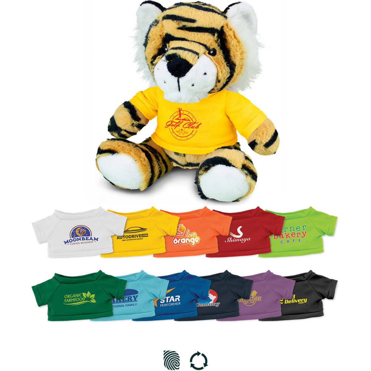 A plush tiger toy with a yellow shirt, featuring various colourful t-shirts in front. Includes a logo on the toy's shirt.