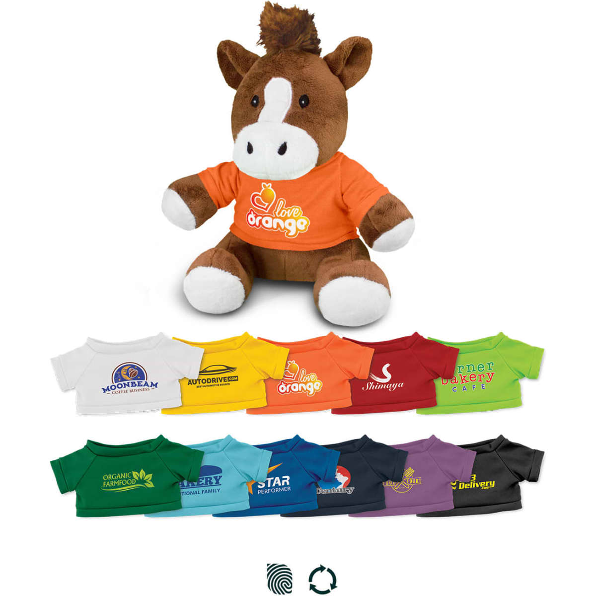 A brown horse plush toy wearing an orange shirt, alongside various colourful t-shirts in different hues.
