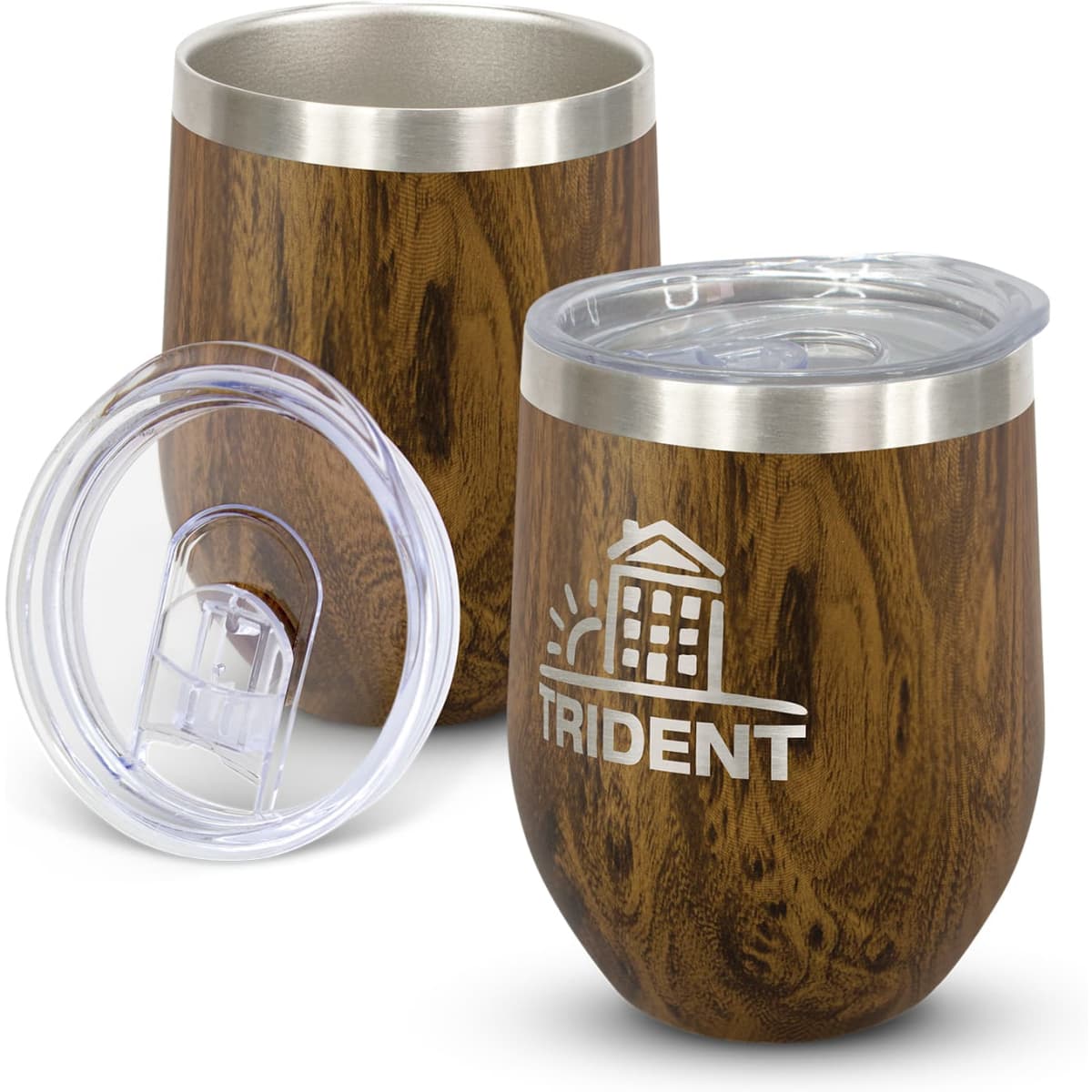 A drink bottle set featuring two wooden-textured vacuum cups with stainless steel accents and clear lids.