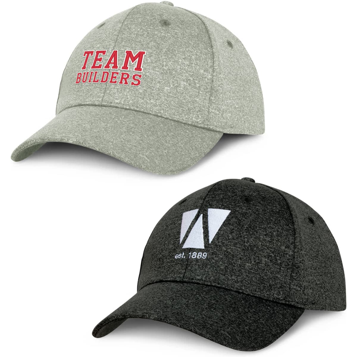 Two caps displayed, one in light grey with a logo and text, the other in dark grey with a logo. Both are styled in a casual design.