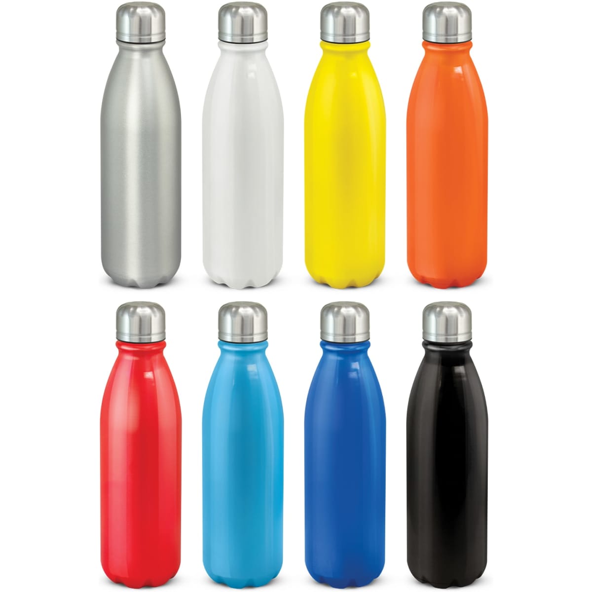 A drink bottle collection featuring aluminium bottles in silver, white, yellow, orange, red, blue, black, and navy, with metal caps.