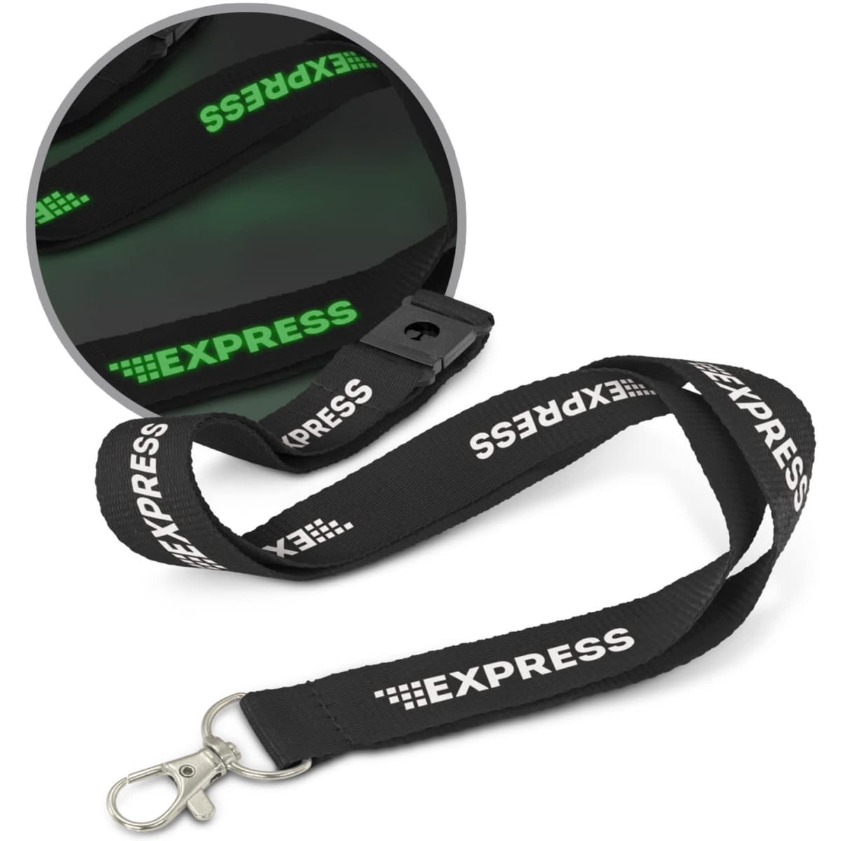 A glow-in-the-dark black lanyard featuring a clip and a logo in green.