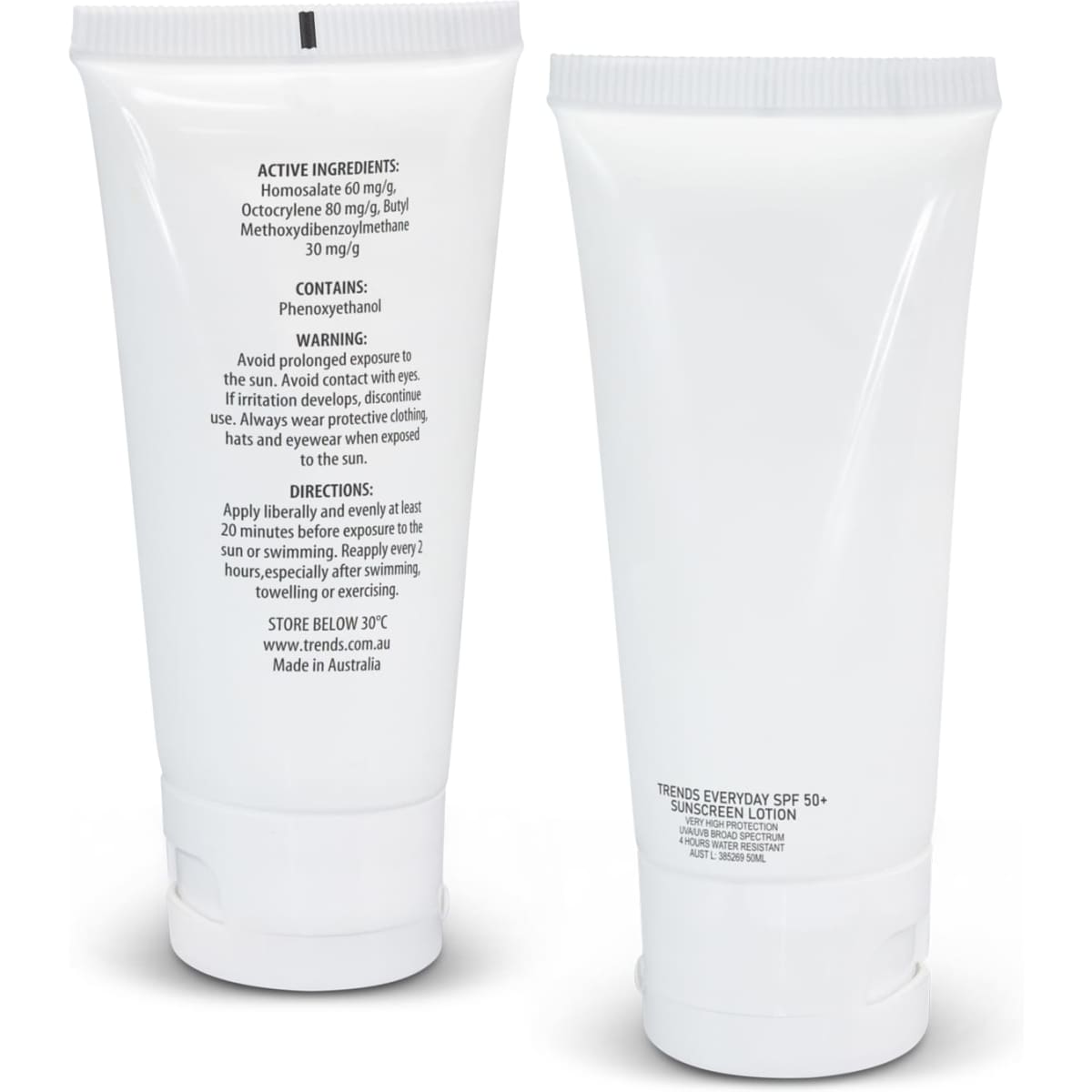 A white tube of TRENDS Everyday SPF 50+ Sunscreen, containing 50ml of sunscreen lotion, featuring a logo.