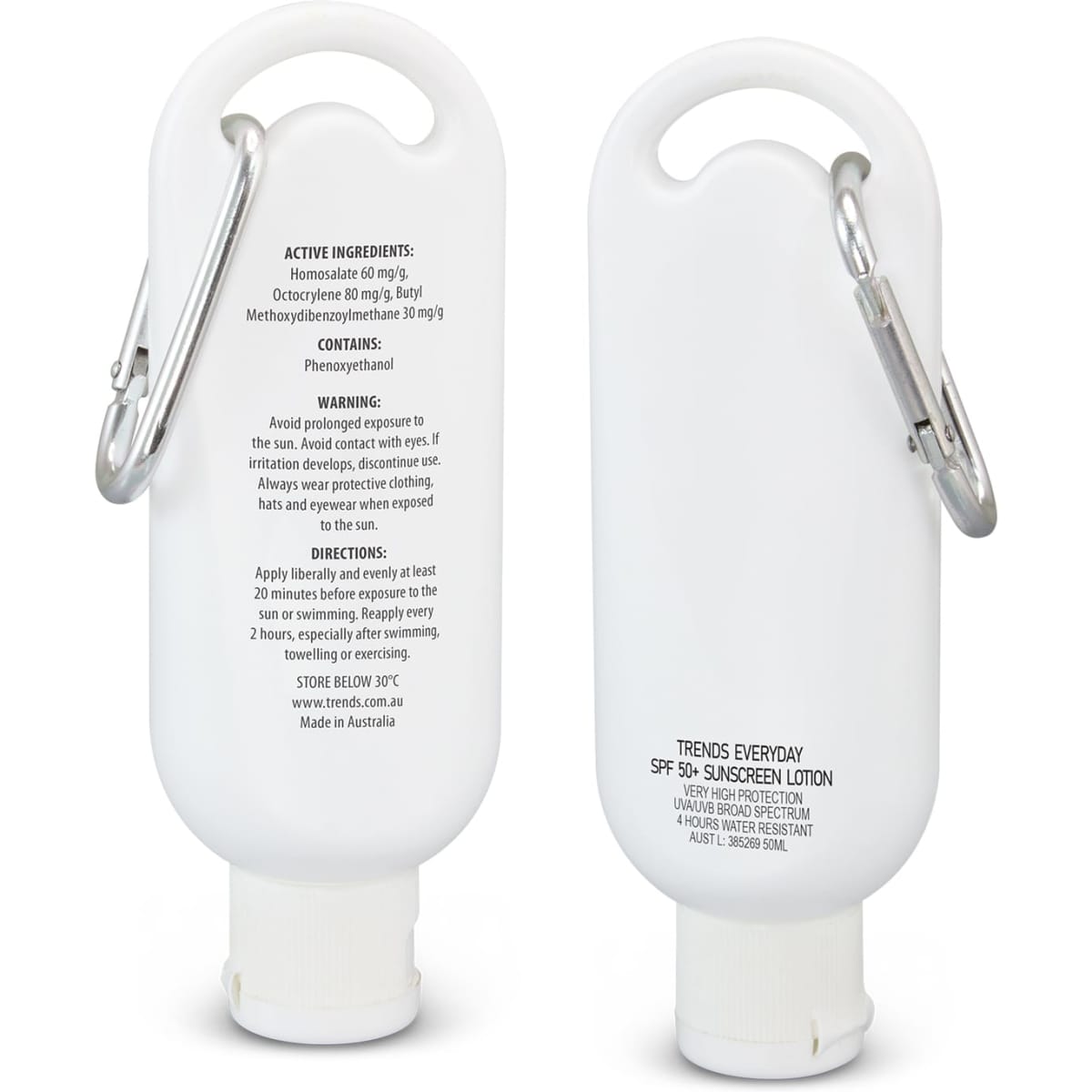 A white 50ml sunscreen bottle featuring a carabiner, with a label listing ingredients and instructions.