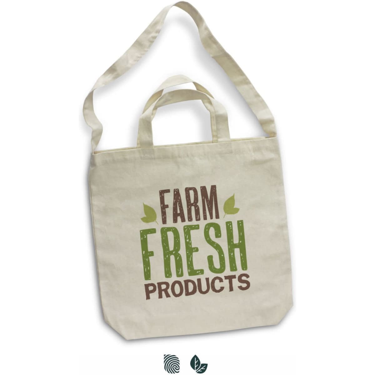 A cream cotton shoulder tote bag with long handles and a logo. The bag features a "Farm Fresh Products" design.