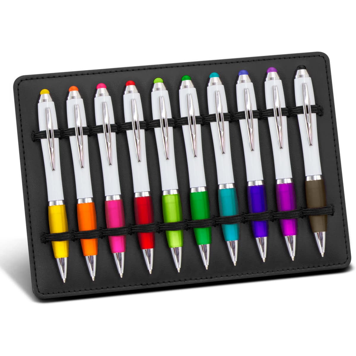 A display stand featuring ten multi-coloured pens in a sleek black holder. Each pen has a white barrel.