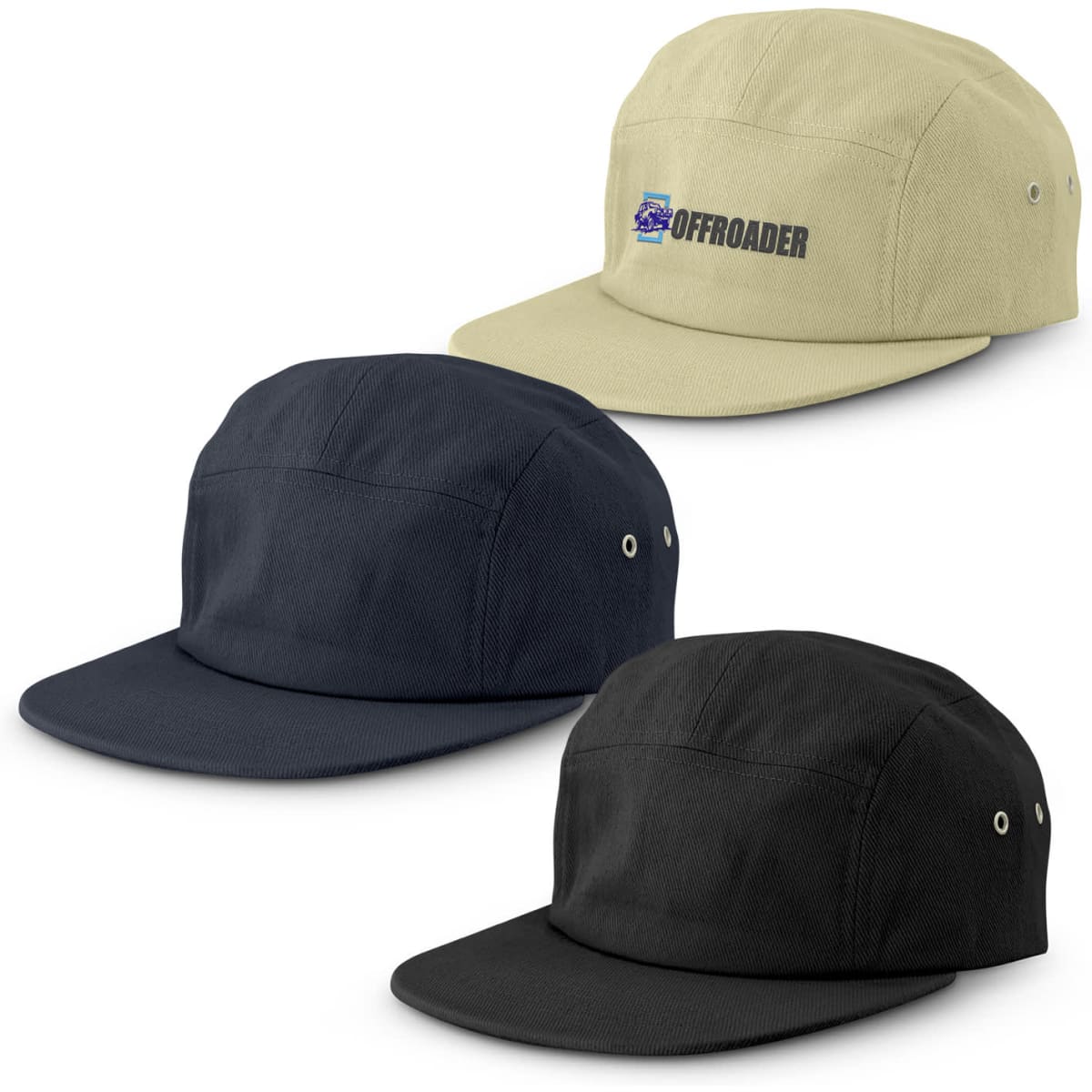A cap collection featuring three styles in light khaki, dark navy, and black, each with a logo on the front.