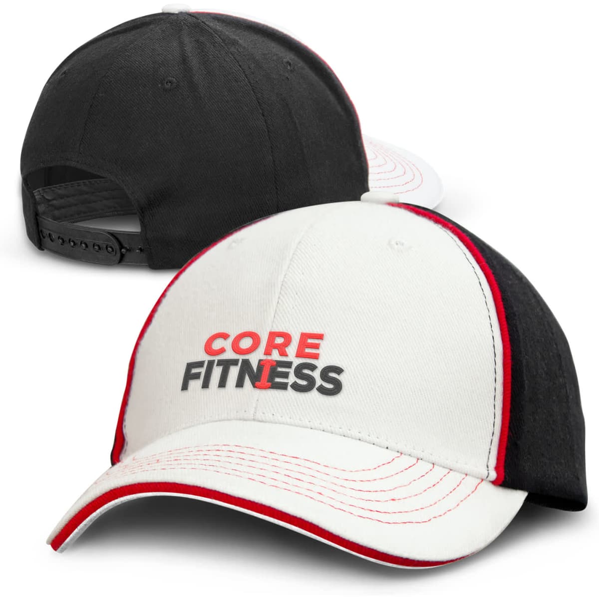 A cap featuring a white front panel, black sides, red accents, and a logo on the front.