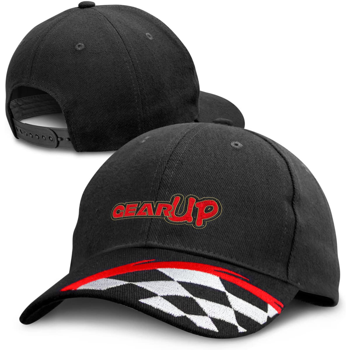 A black cap featuring a logo, with a red and checkered design on the brim.
