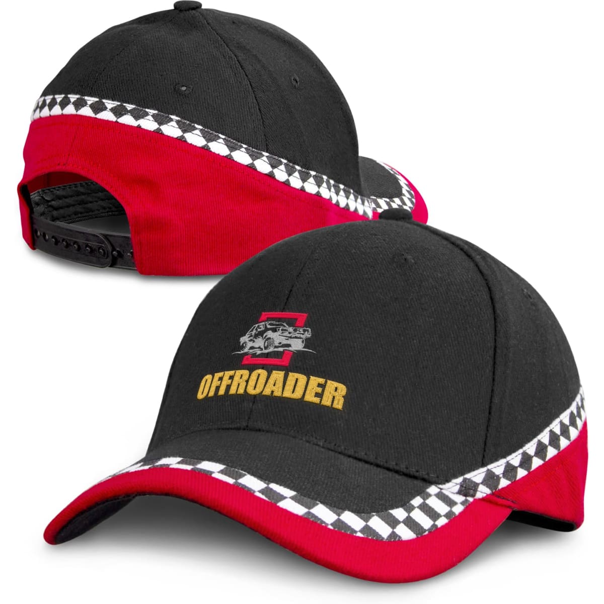 A black and red cap featuring a checkered pattern along the brim and a logo on the front.