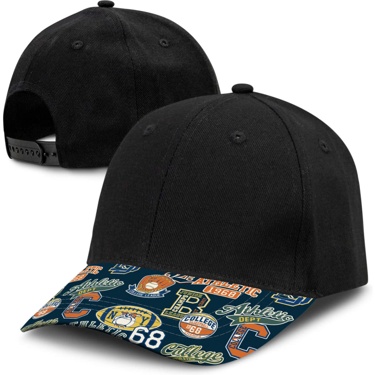 A black cap with a patterned peak featuring various logos and branding. The back is adjustable.