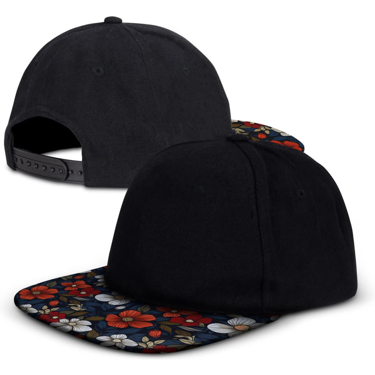 A black flat peak cap featuring a floral patterned brim and an adjustable strap at the back. It includes a logo.