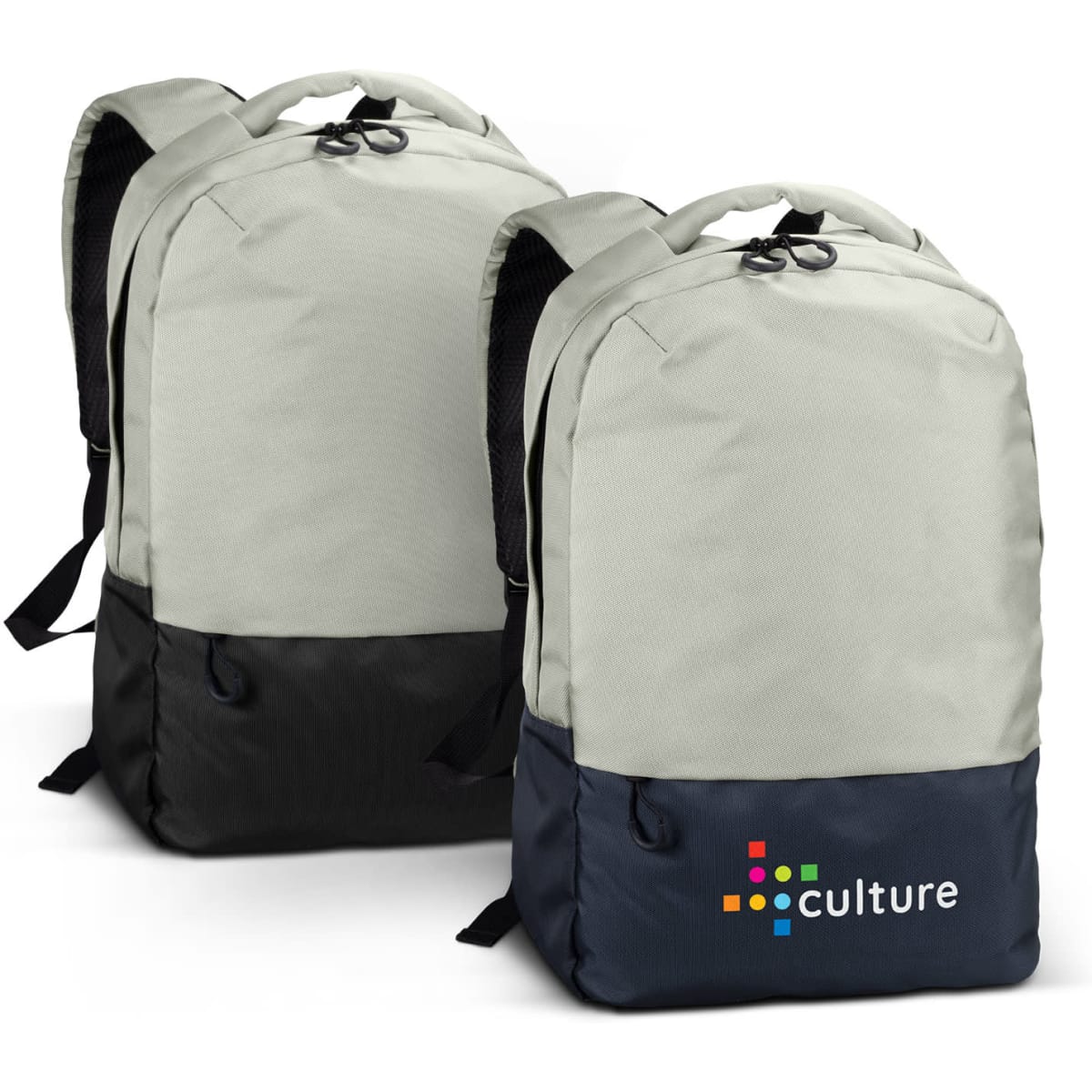 A grey and black laptop backpack featuring a logo on the front. Two identical bags are displayed.
