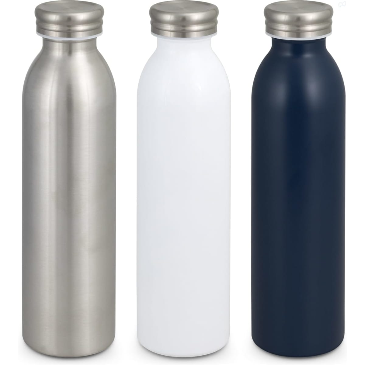 A drink bottle trio featuring stainless steel, matte white, and navy blue finishes, all with metallic caps.