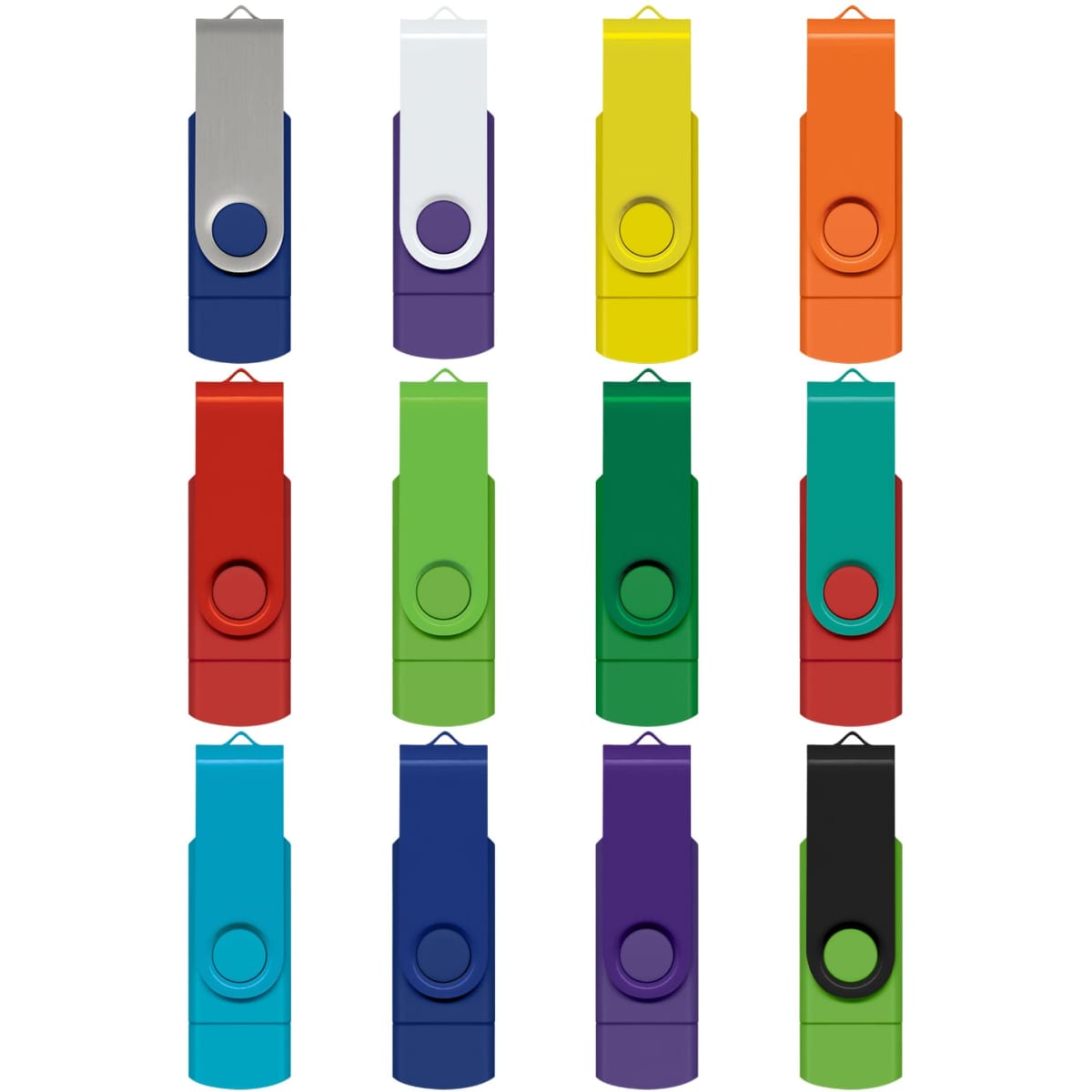 A collection of twelve Helix 8GB dual flash drives in various colours including blue, green, red, orange, and purple.