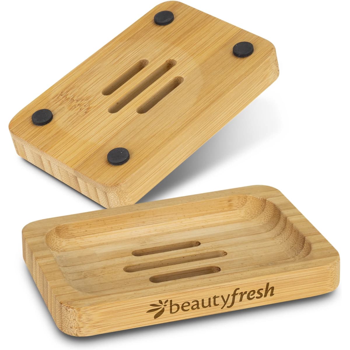 A bamboo soap holder with black rubber feet, featuring a channel design and a logo. Comes in a natural bamboo finish.