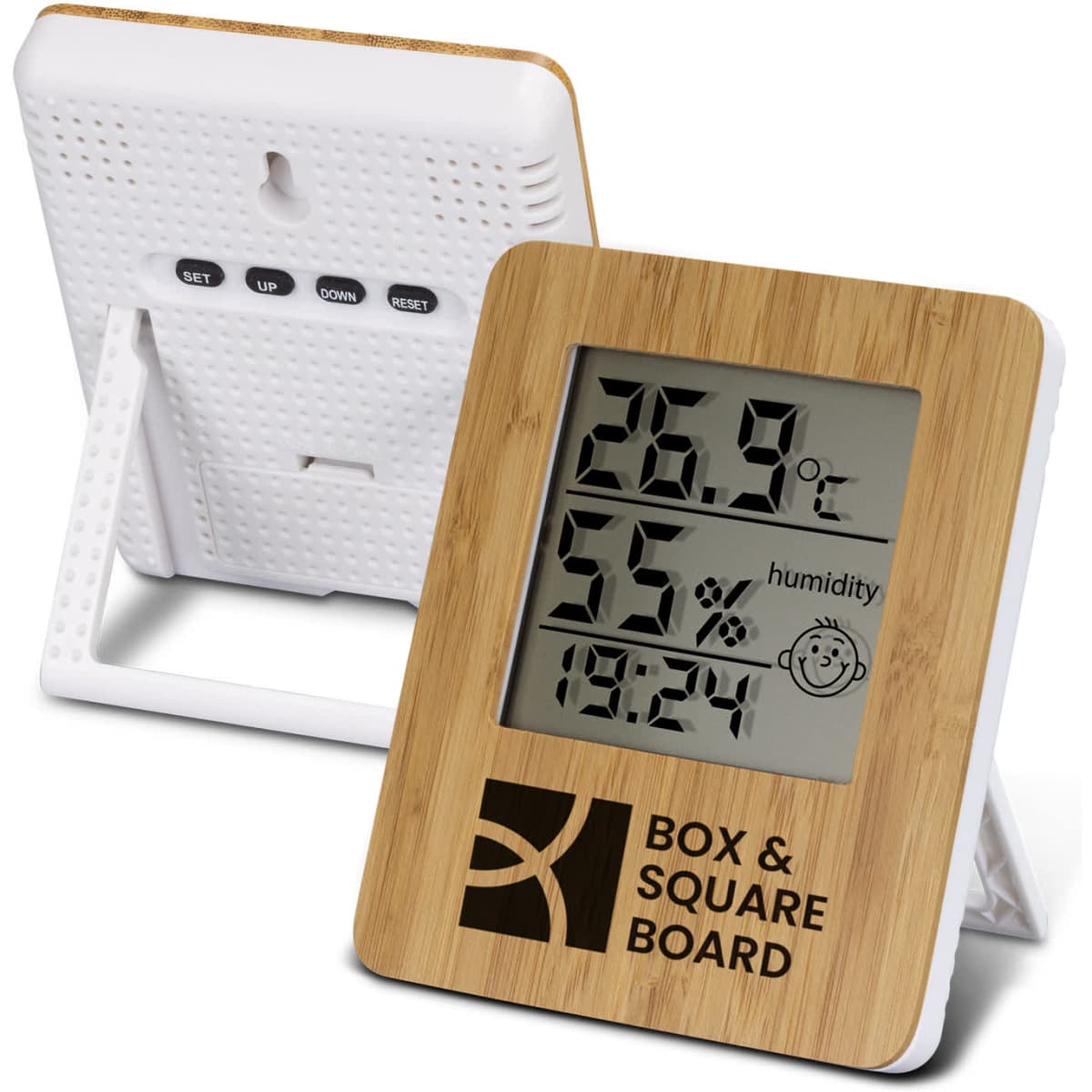 A bamboo weather station with a digital display shows temperature and humidity readings. It features a white backing and stand.