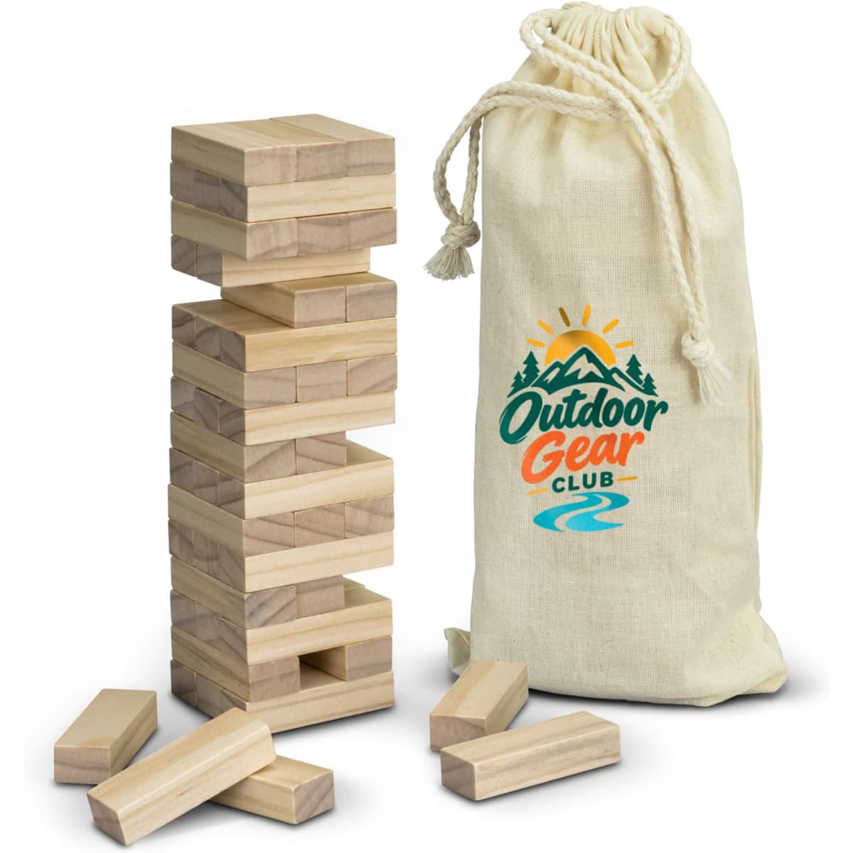 A stacked wooden tumbling tower game with natural finish pieces and a drawstring bag featuring a logo.