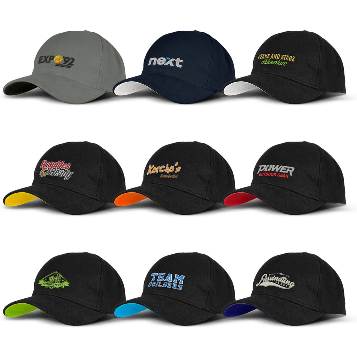 A collection of eight caps in various colours, featuring different logos and embroidered details on the front.