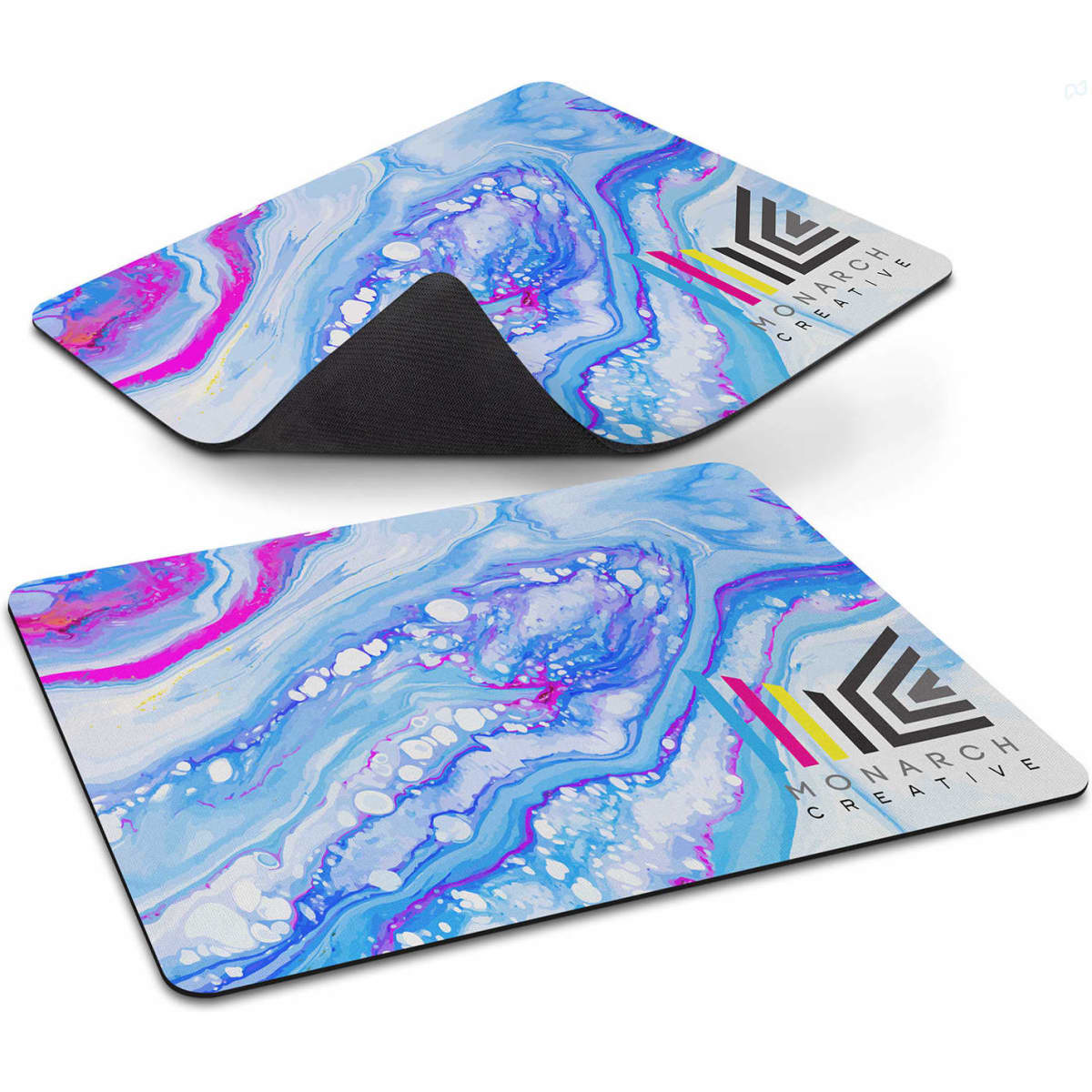 A mouse mat featuring a vibrant blue and pink marbled design with a logo in the corner.