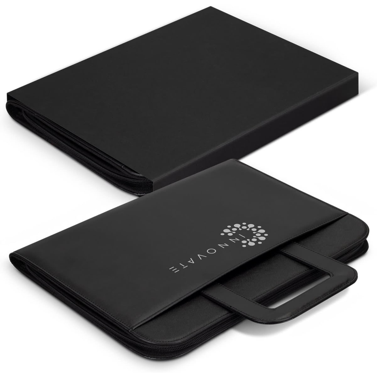 A black portfolio case with a handle, featuring a logo on the front and a flat cover.