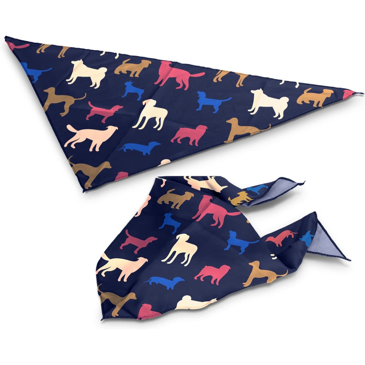 A medium pet bandana in navy blue featuring a colourful pattern of various dog silhouettes. Includes a logo.