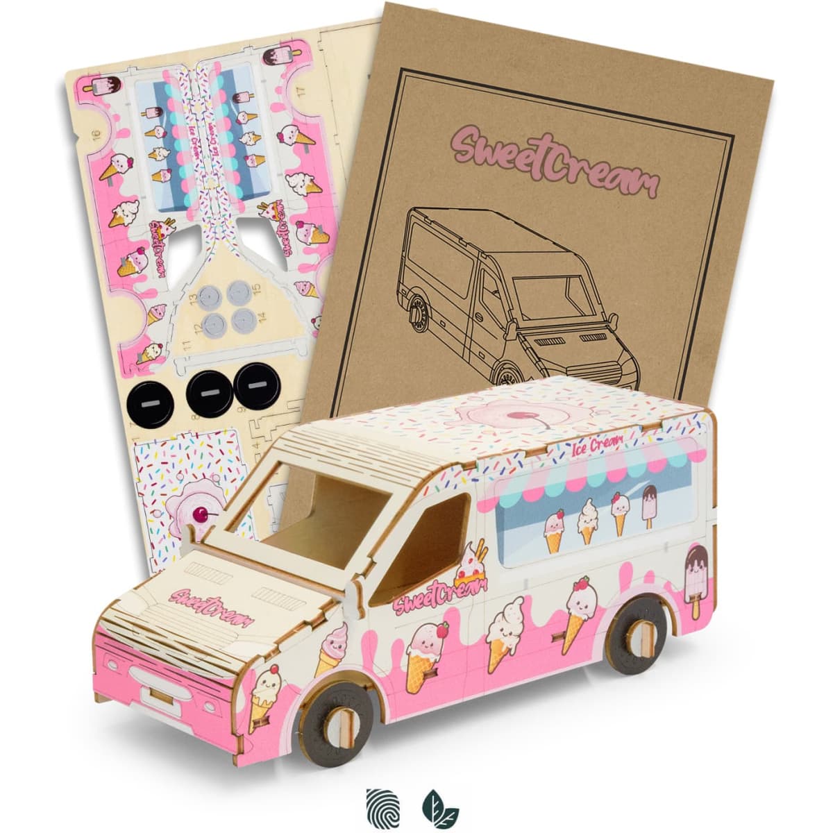 A wooden model of an ice cream van in pink and white, alongside assembly instructions and decorative stickers.
