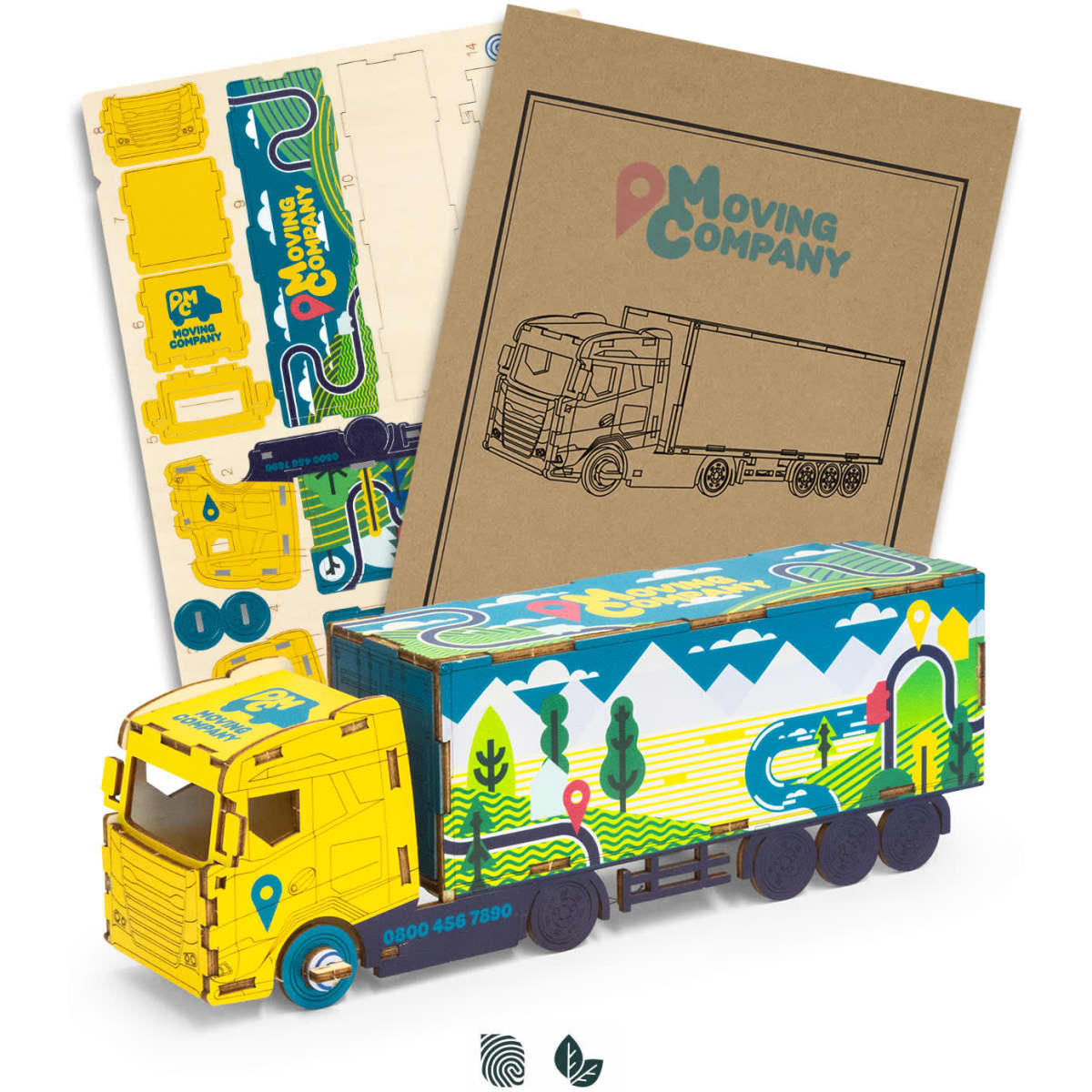 A large wooden model of a truck in bright yellow and blue with parts for assembly and a box. Includes branding.
