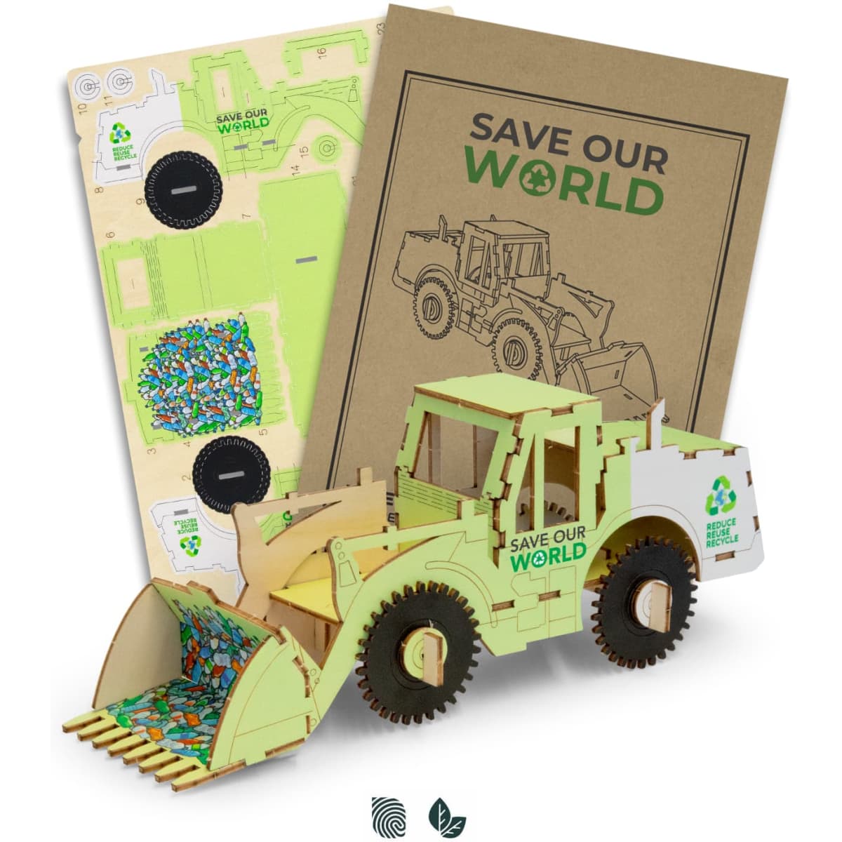 A wooden model of a wheel loader in light green, accompanied by cardboard sheets for assembly and instructions.