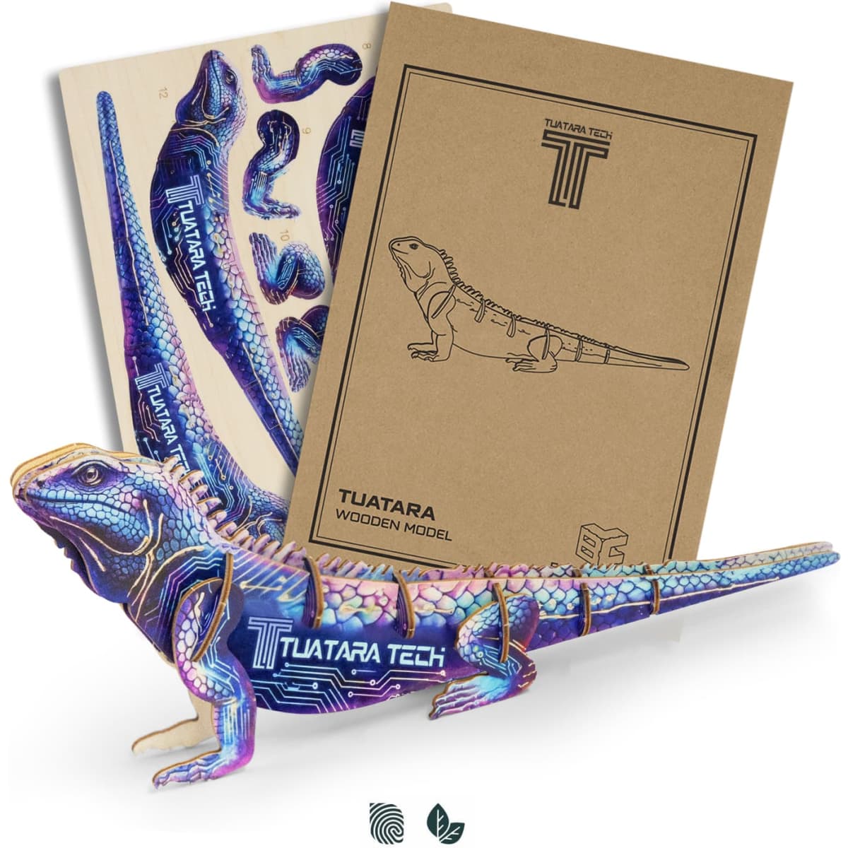 A colourful wooden model of a tuatara, alongside packaging featuring a design and branding elements.