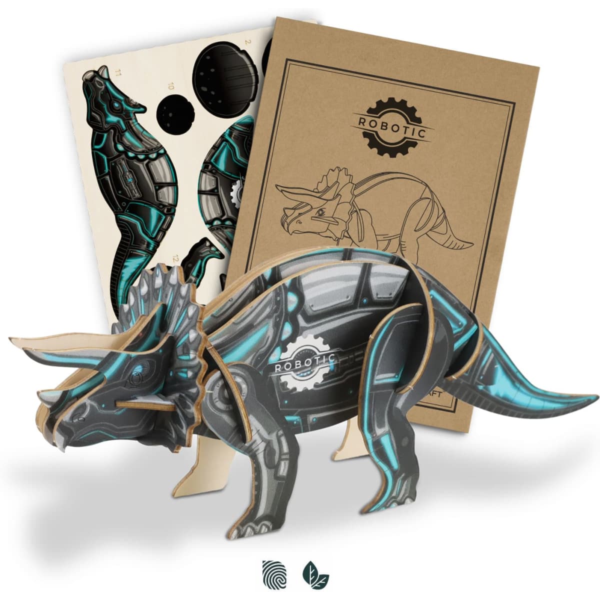 A wooden Triceratops model in black and blue, accompanied by assembly instructions and a design sheet.