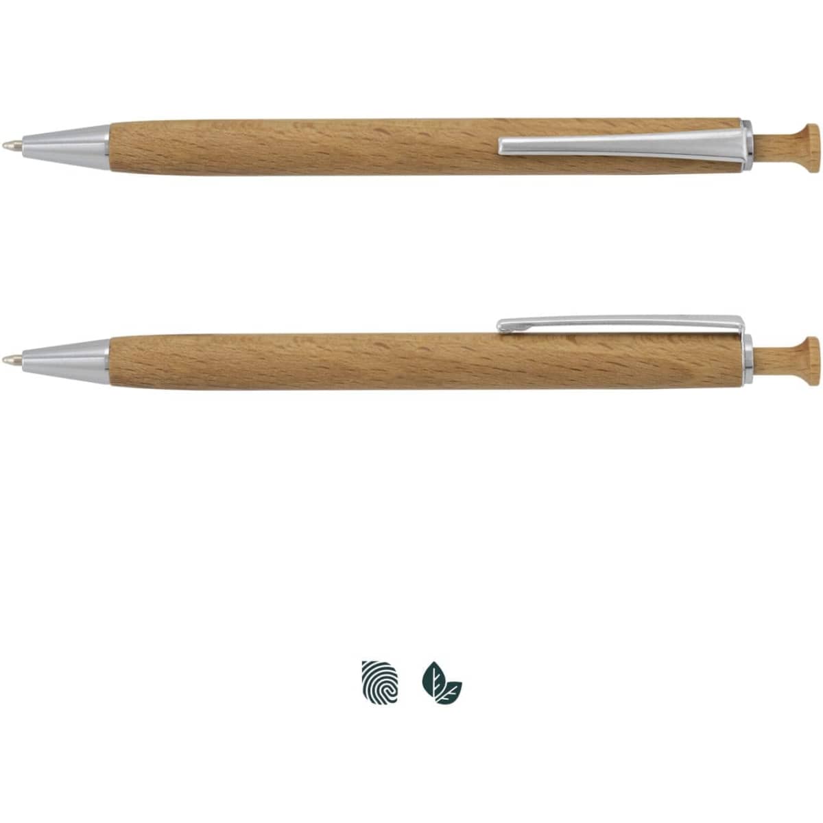 A wooden pen in natural wood colour with a silver clip and accent. Features a logo as part of the design.