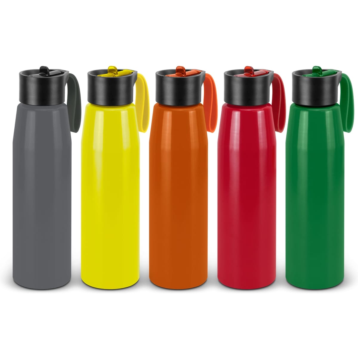 A drink bottle collection featuring grey, yellow, orange, red, and green aluminium bottles with black caps and handles.