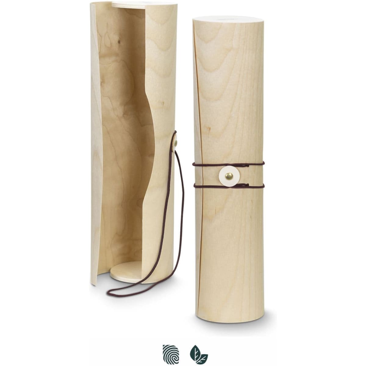 A wooden wine tube in natural light wood, featuring a leather tie and an internal compartment. It also has a logo.