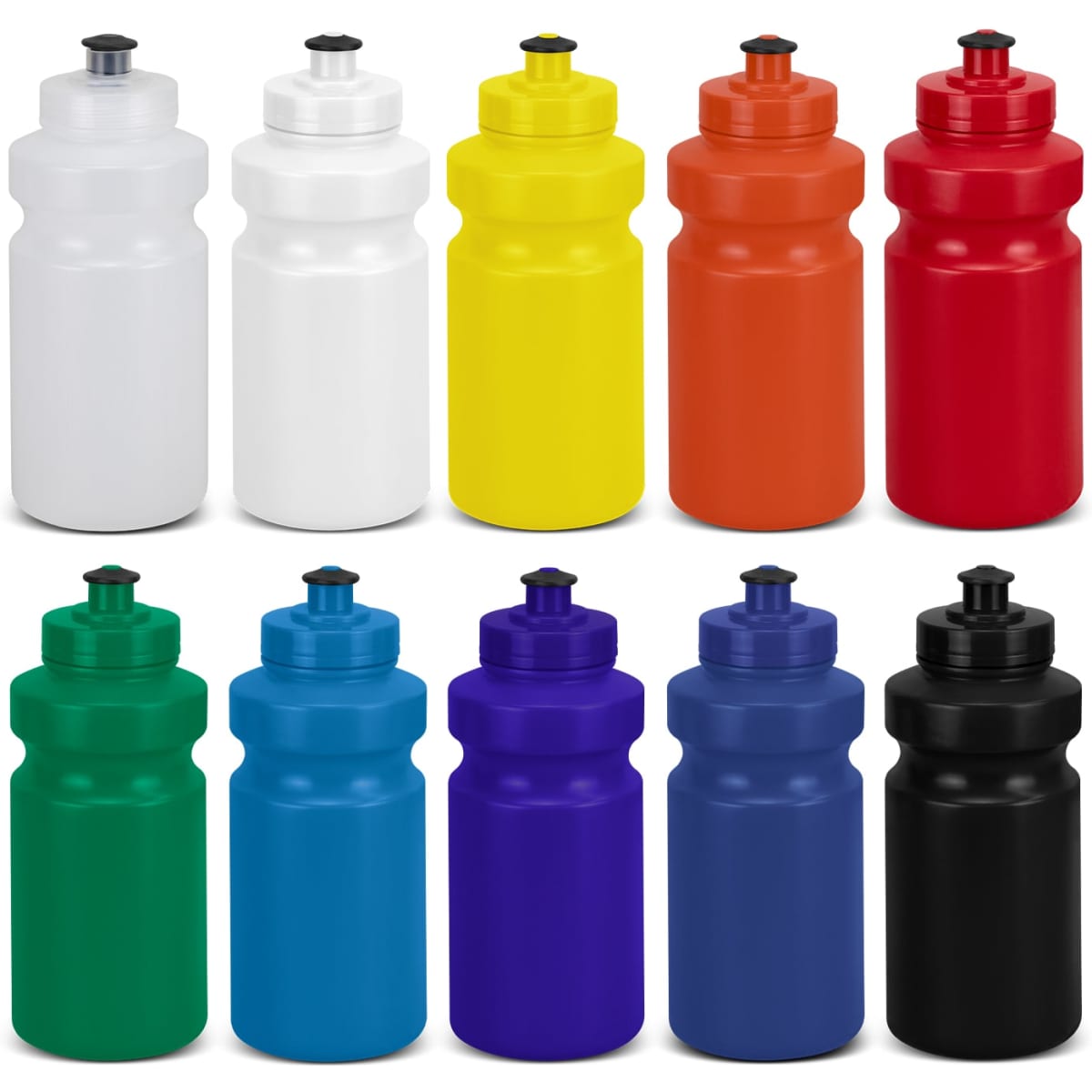 A drink bottle collection featuring white, yellow, red, orange, green, blue, and black colours, each with a black lid.