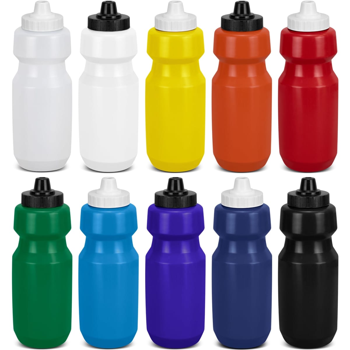 A drink bottle set featuring twelve bottles in white, yellow, orange, green, blue, purple, and black, each with a black cap.