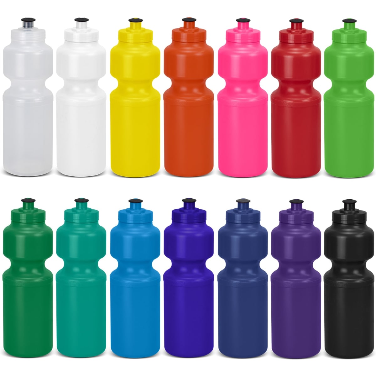 A drink bottle collection featuring various colours, including white, yellow, pink, red, orange, green, blue, and purple. Each bottle has a black cap and a logo.