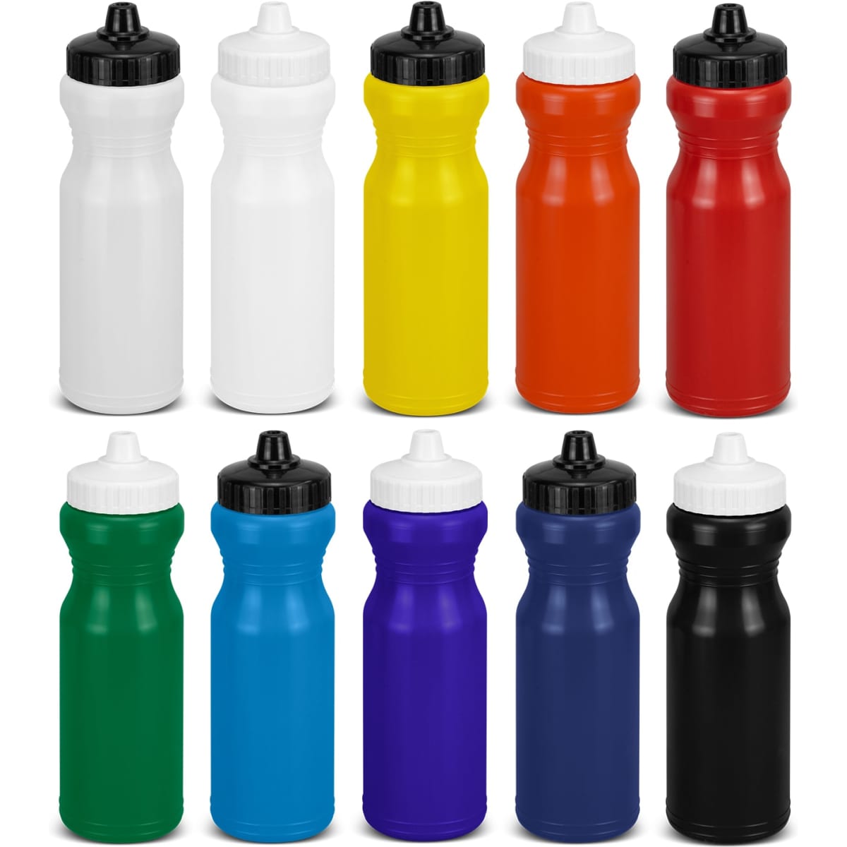 A collection of twelve drink bottles in various colours: white, red, yellow, orange, green, blue, and black, each with a black cap.