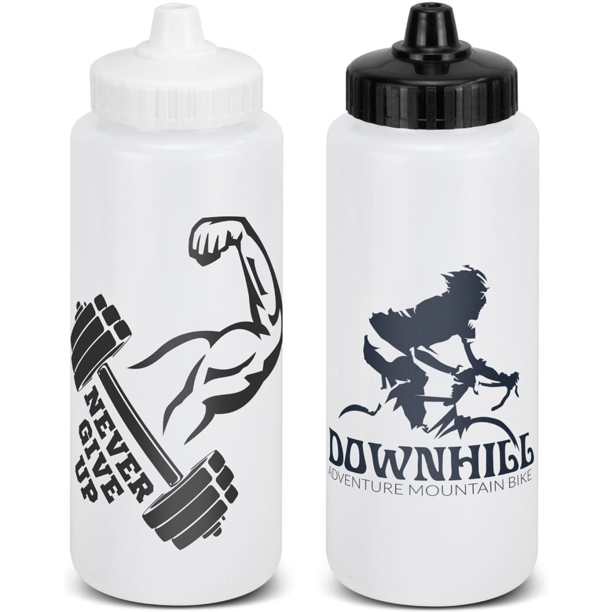 A drink bottle in white with a gym logo and a black bottle featuring a cycling graphic, both with branding.