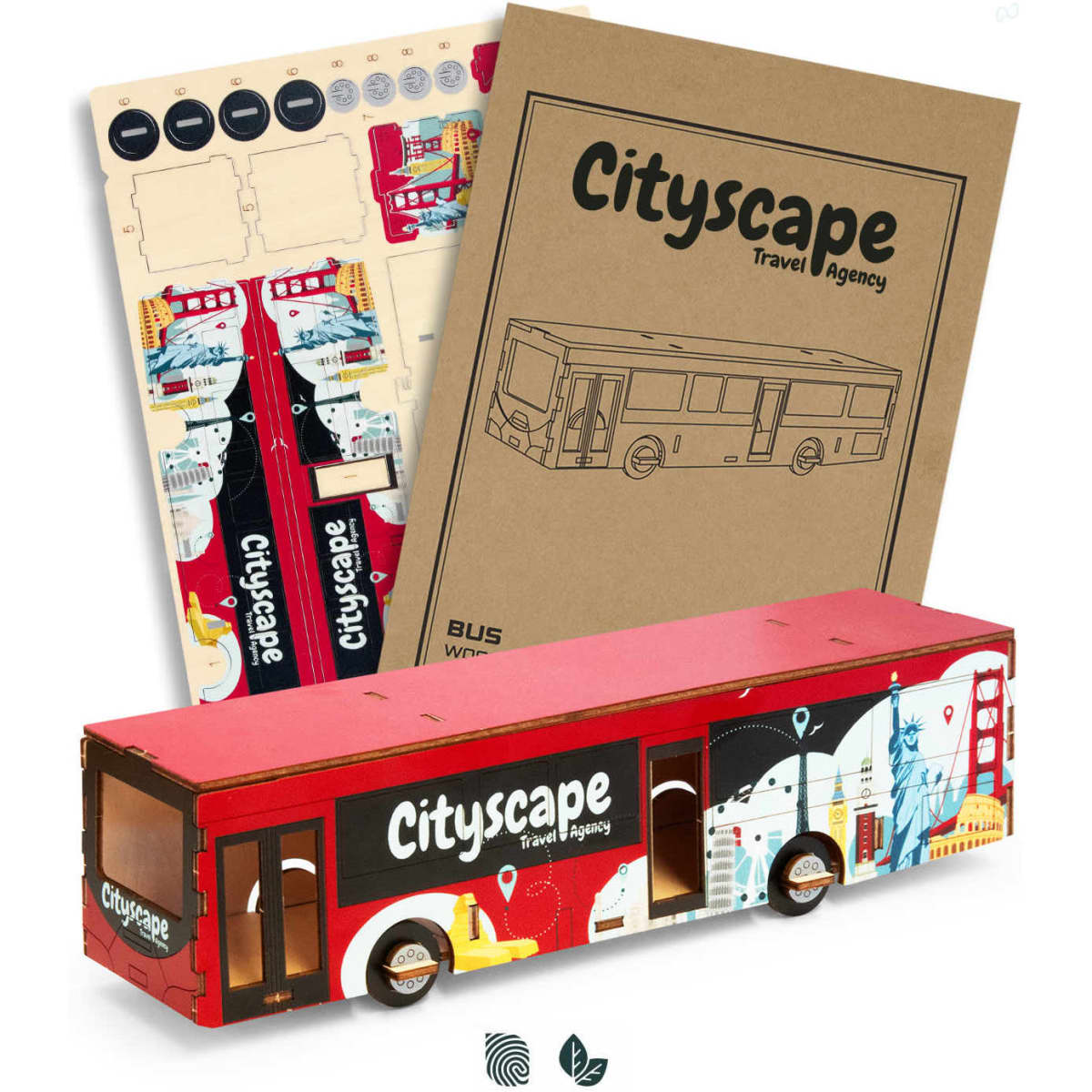 A wooden model bus in red, featuring cityscape designs, accompanied by design templates and instruction sheet.
