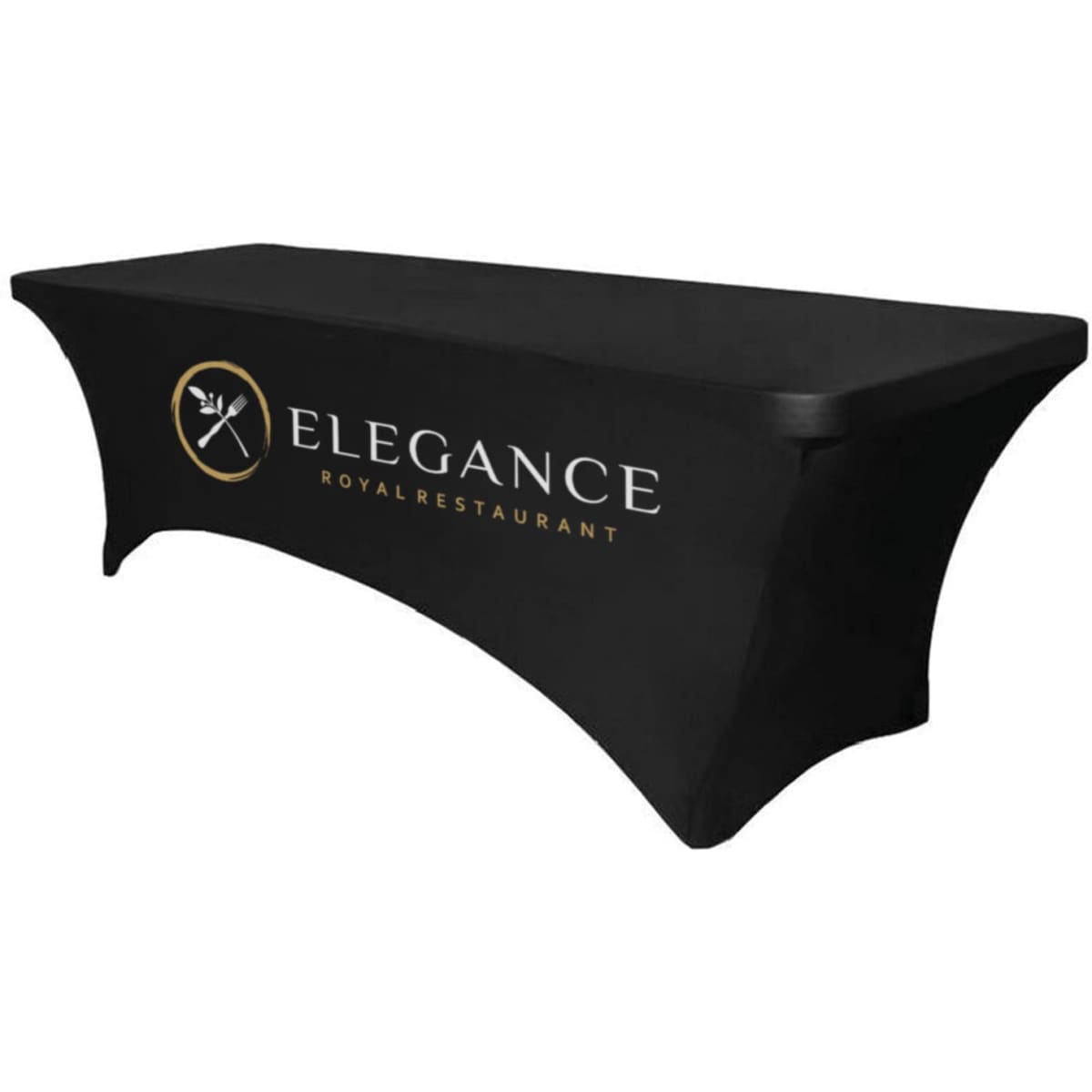 A black stretch table cover for a 6-foot table featuring a logo. Ideal for exhibitions and events.