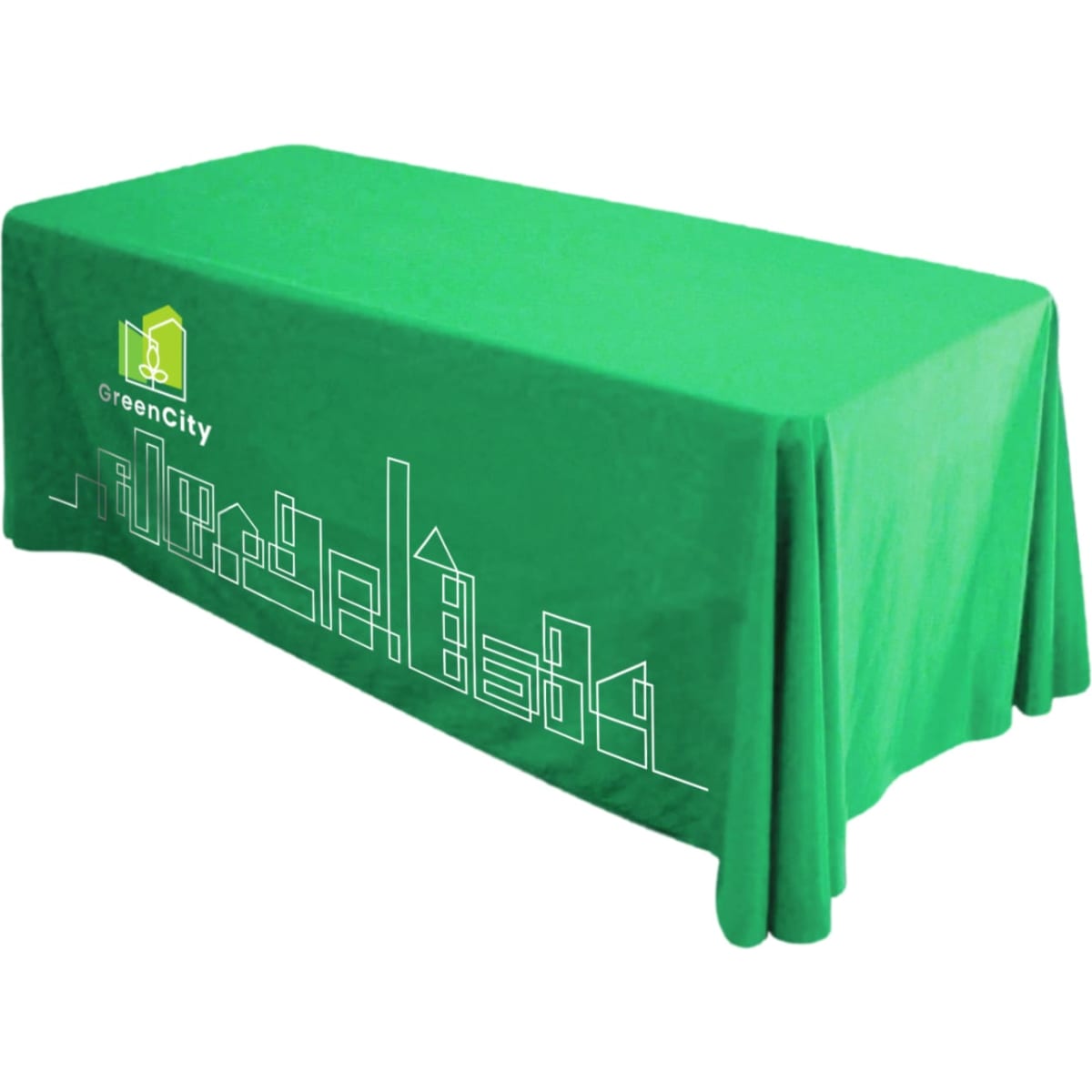 A green table cover throw for a four-foot table, featuring a logo and a simple design.