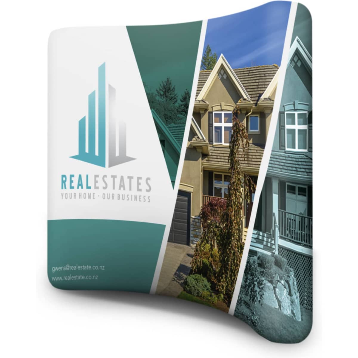 A curved stretch media wall in teal and white, featuring images of residential properties and a logo.