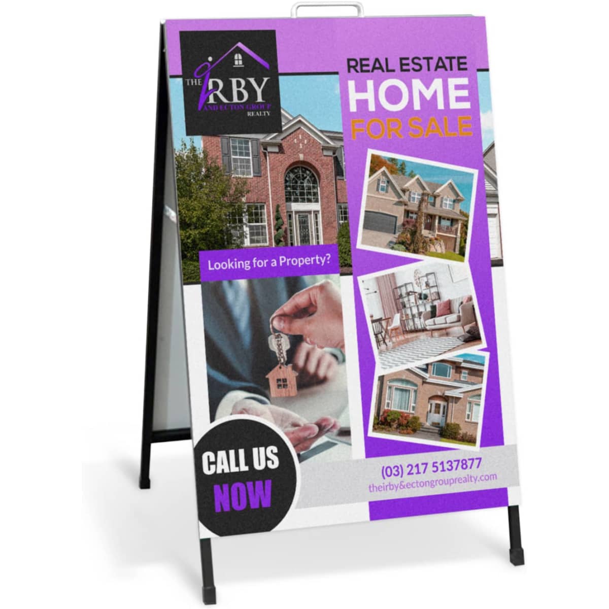 A black metal A-frame sign featuring images of houses and a key, with a purple and white colour scheme and a logo.