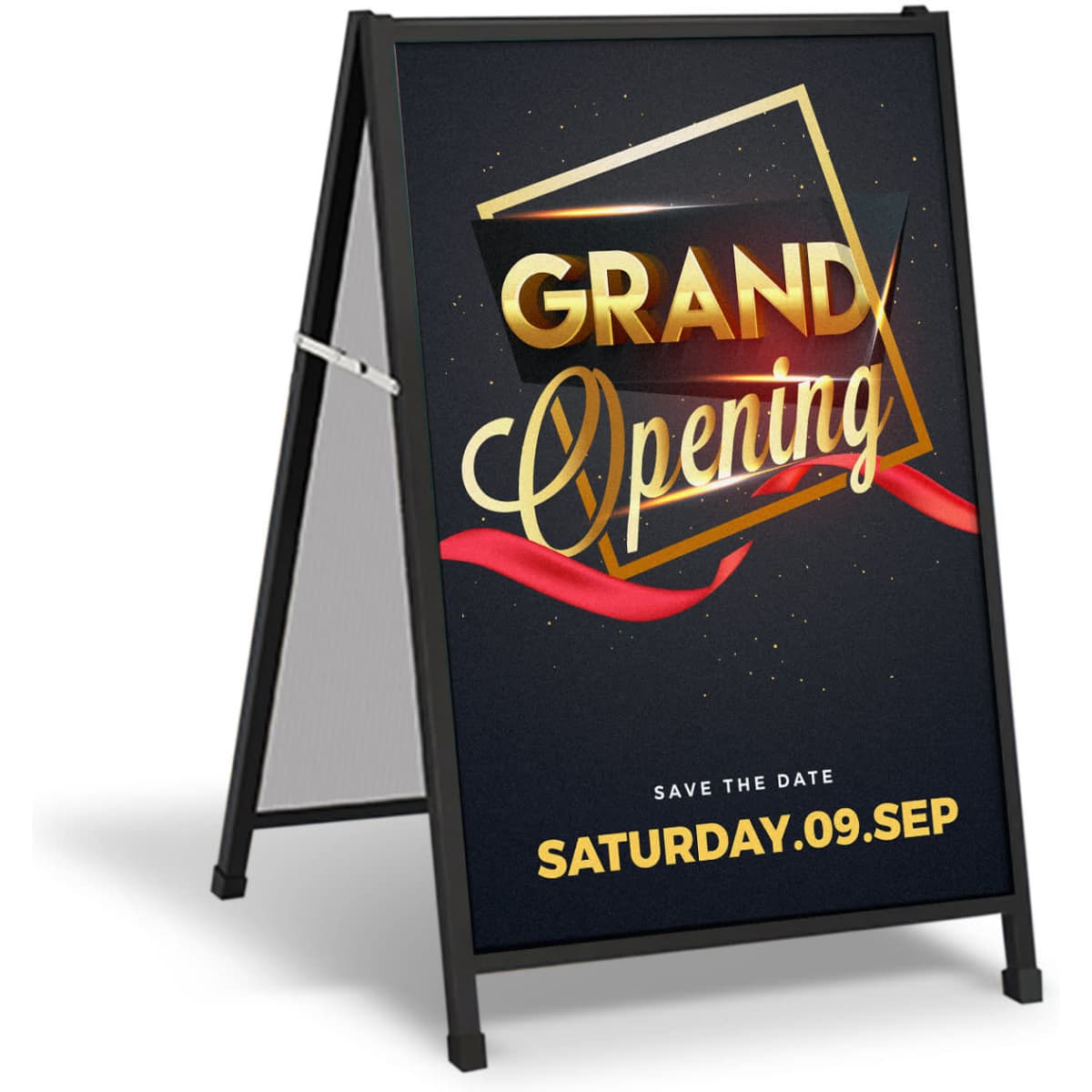 A black A-frame sign featuring a promotional graphic with gold text and a ribbon design for a grand opening event.