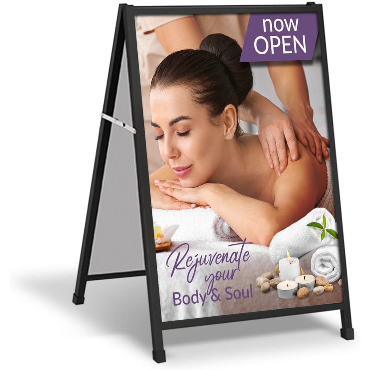 A-frame sign featuring a spa image with a relaxing massage scene, surrounded by candles and stones. Black frame.