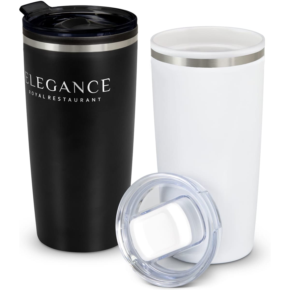 A travel mug set featuring a matte black and a glossy white double wall cup, each with a lid and one has a logo.