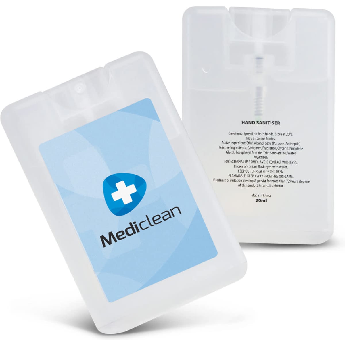 A clear, rectangular hand sanitiser card with a logo, containing 20ml of sanitiser.